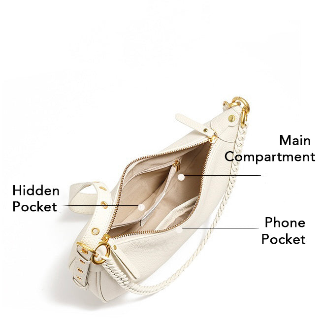 Women’s Genuine Leather Baguette Dumpling Bag with Luxe Chain