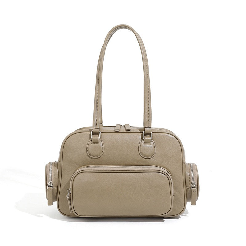 Vintage Genuine Leather Bowling Handbag with Side Pockets