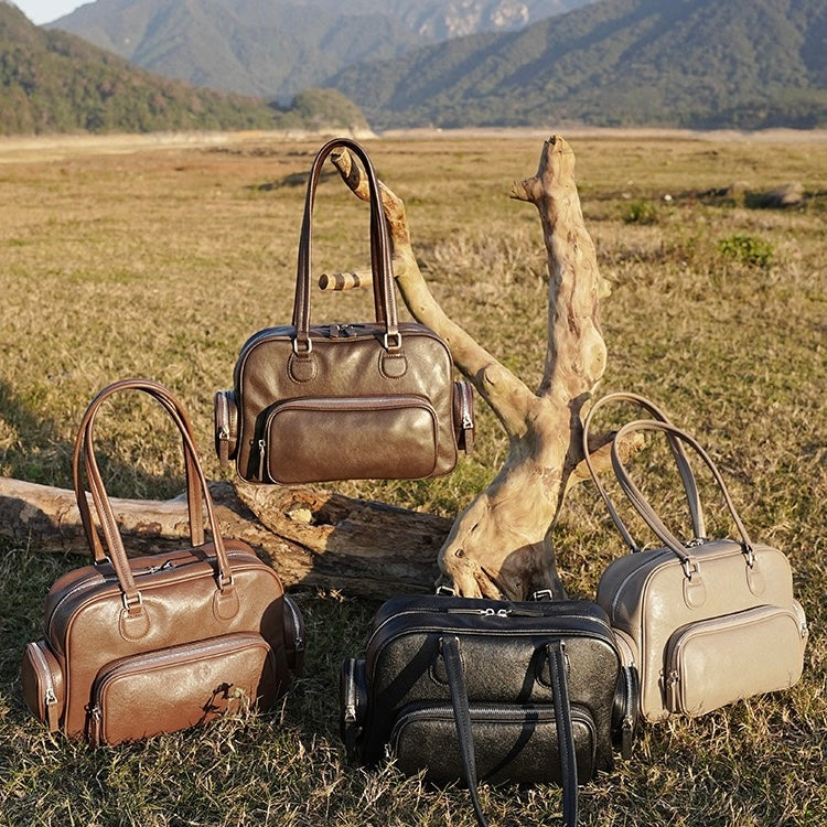 Vintage Genuine Leather Bowling Handbag with Side Pockets
