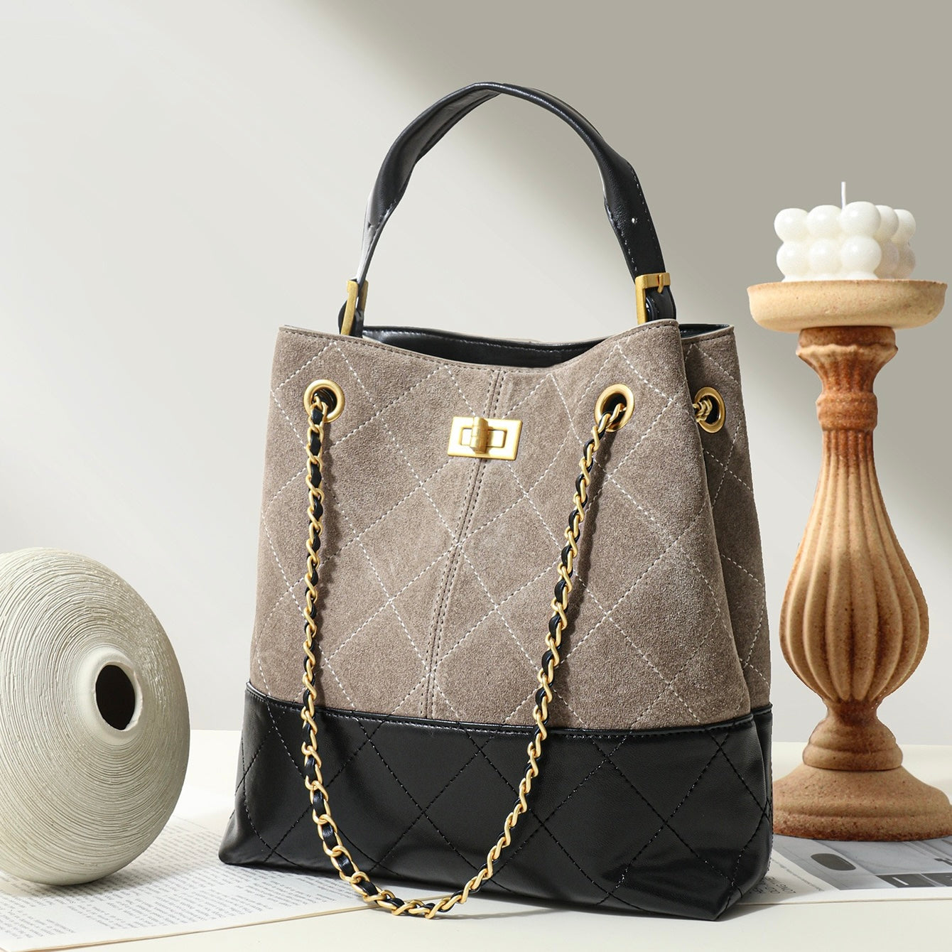 Suede Genuine Leather Color Block Chain Bucket Bag