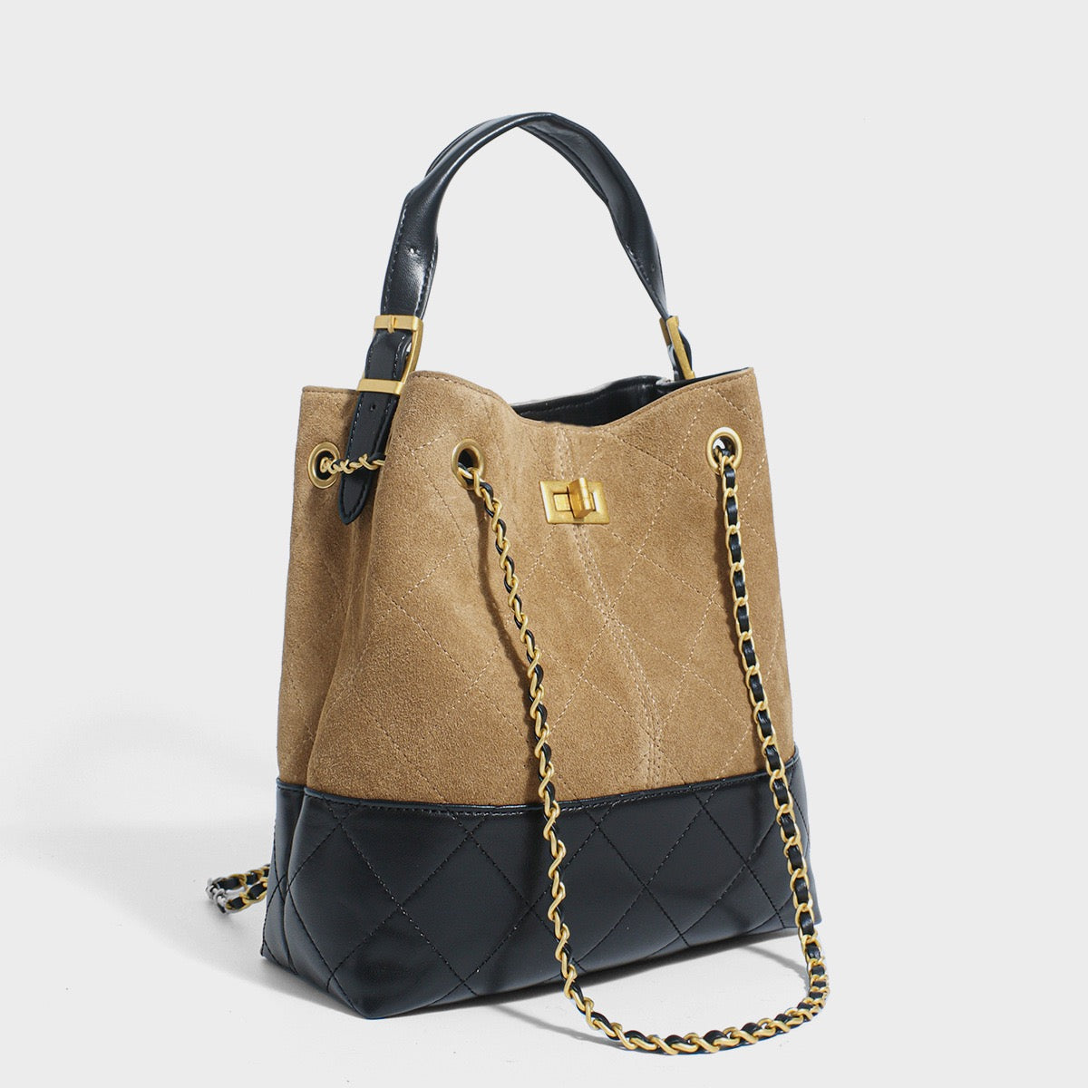 Suede Genuine Leather Color Block Chain Bucket Bag