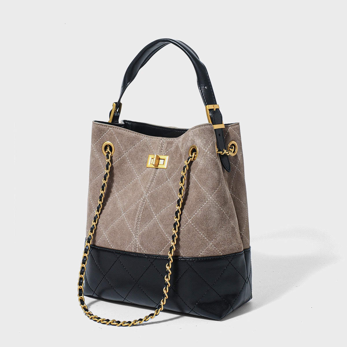 Suede Genuine Leather Color Block Chain Bucket Bag