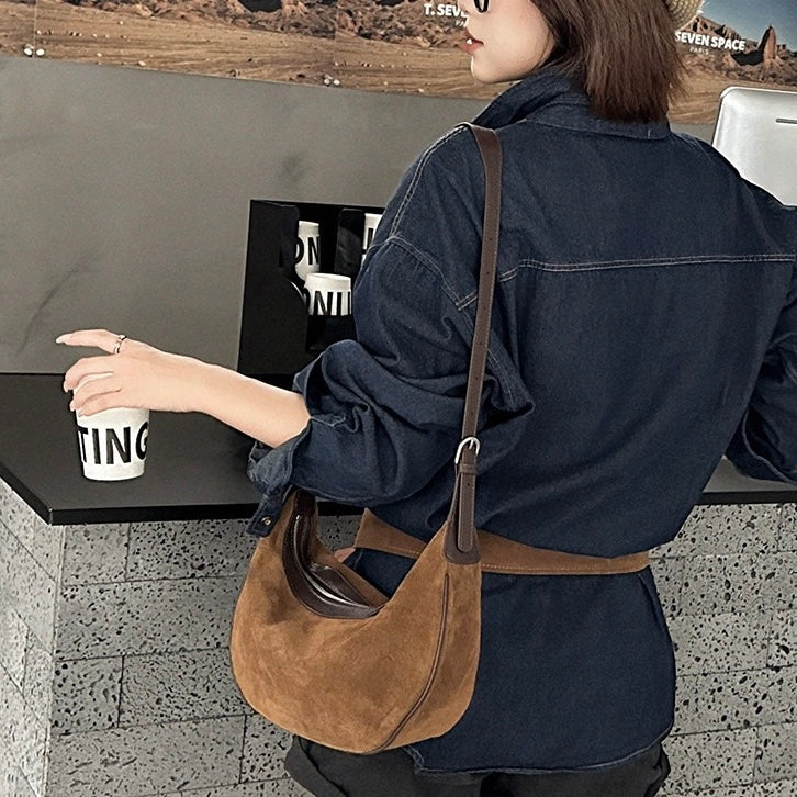 Brown Suede Leather Hobo Shoulder Dumpling Bag