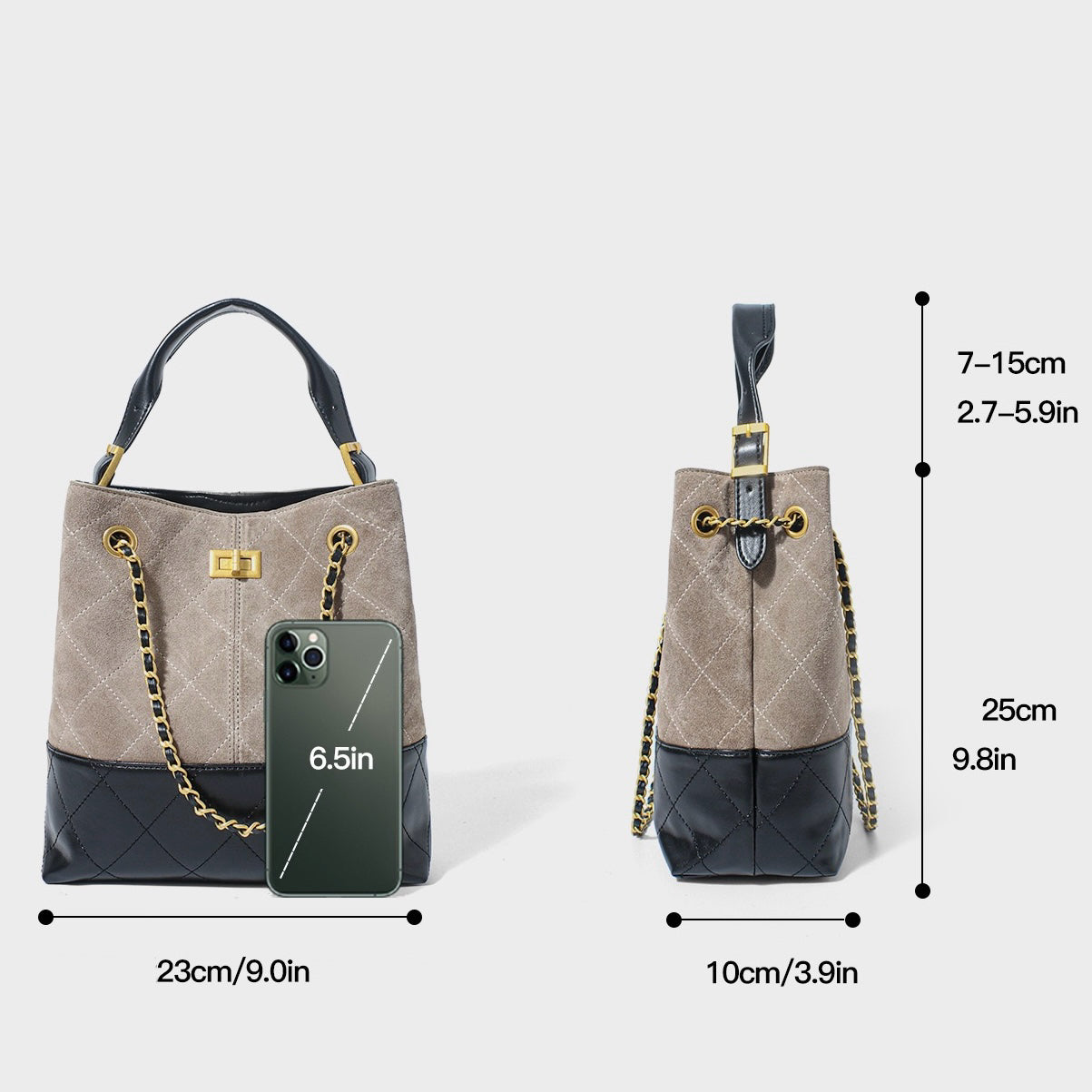 Suede Genuine Leather Color Block Chain Bucket Bag