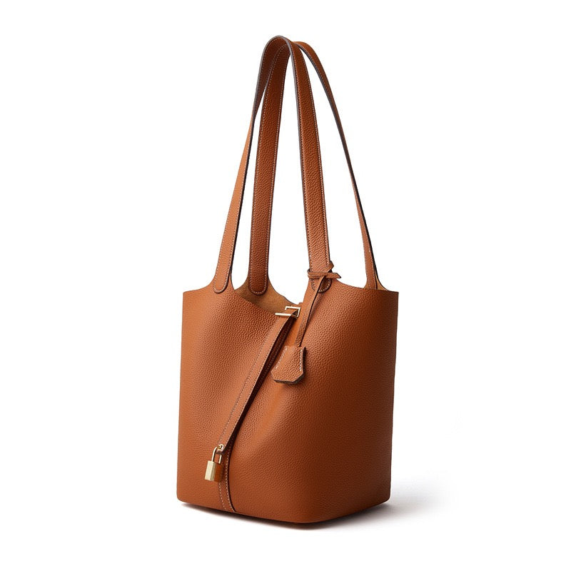 Textured Genuine Leather Tote Bag with Gold Buckle