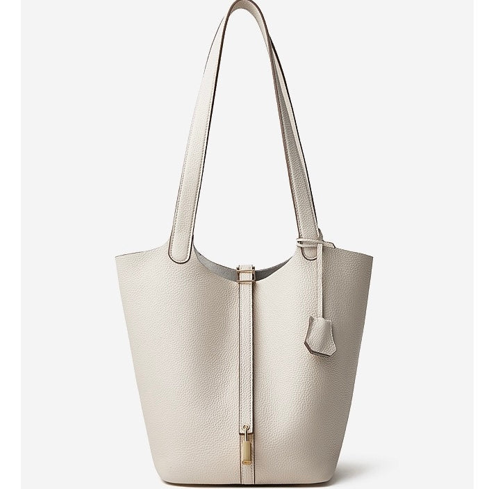 Textured Genuine Leather Tote Bag with Gold Buckle