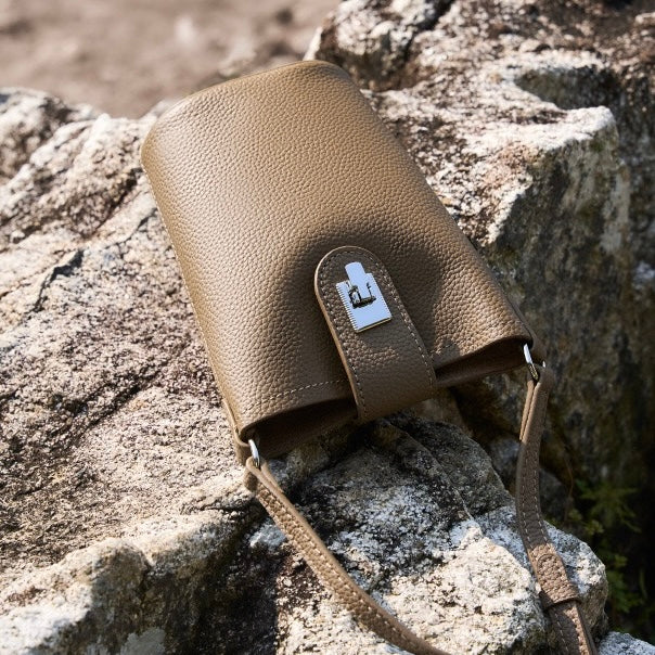 Women's Genuine Leather Vertical Drawstring Bucket Phone Bag