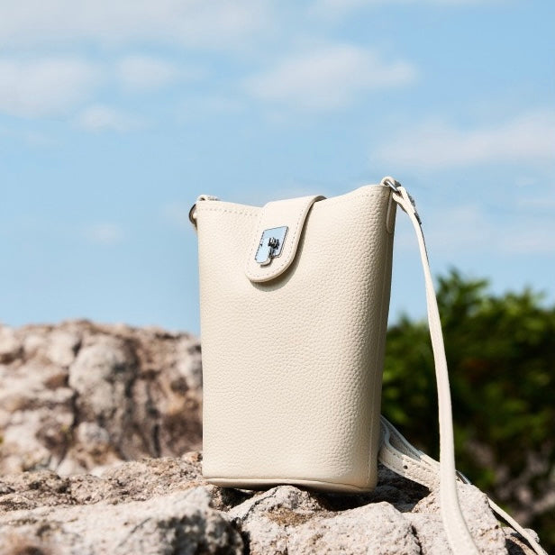 Women's Genuine Leather Vertical Drawstring Bucket Phone Bag