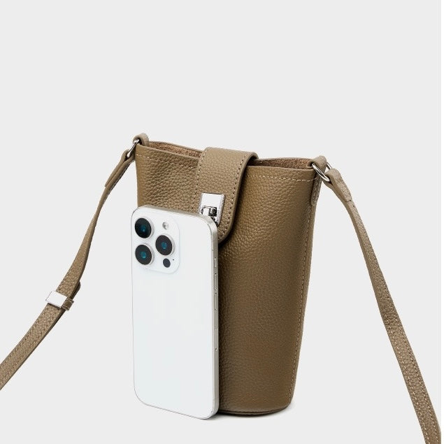 Women's Genuine Leather Vertical Drawstring Bucket Phone Bag