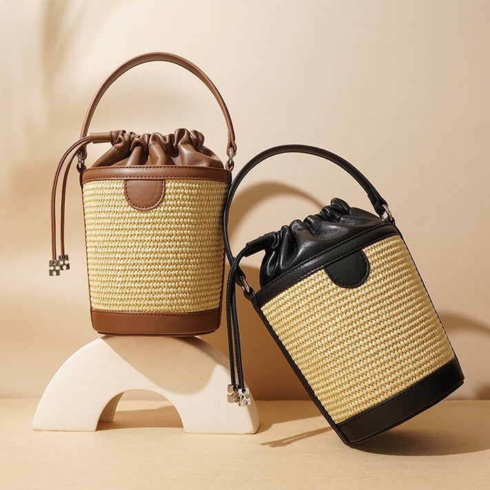 Luxury Women's Lambskin Woven Crossbody Handheld Barrel Bag for Beach Vacation