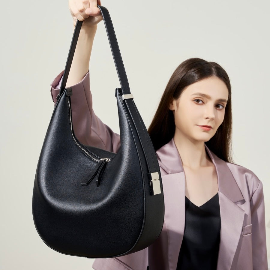 Minimalist Design Genuine Leather Crescent Underarm Shoulder Handbag
