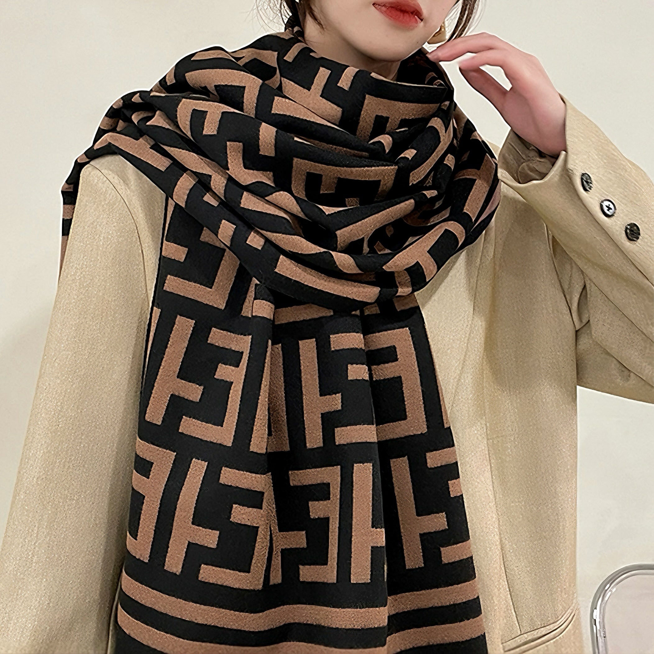 Women's Luxury Geometric Patterned Fringed Imitation Cashmere Scarf