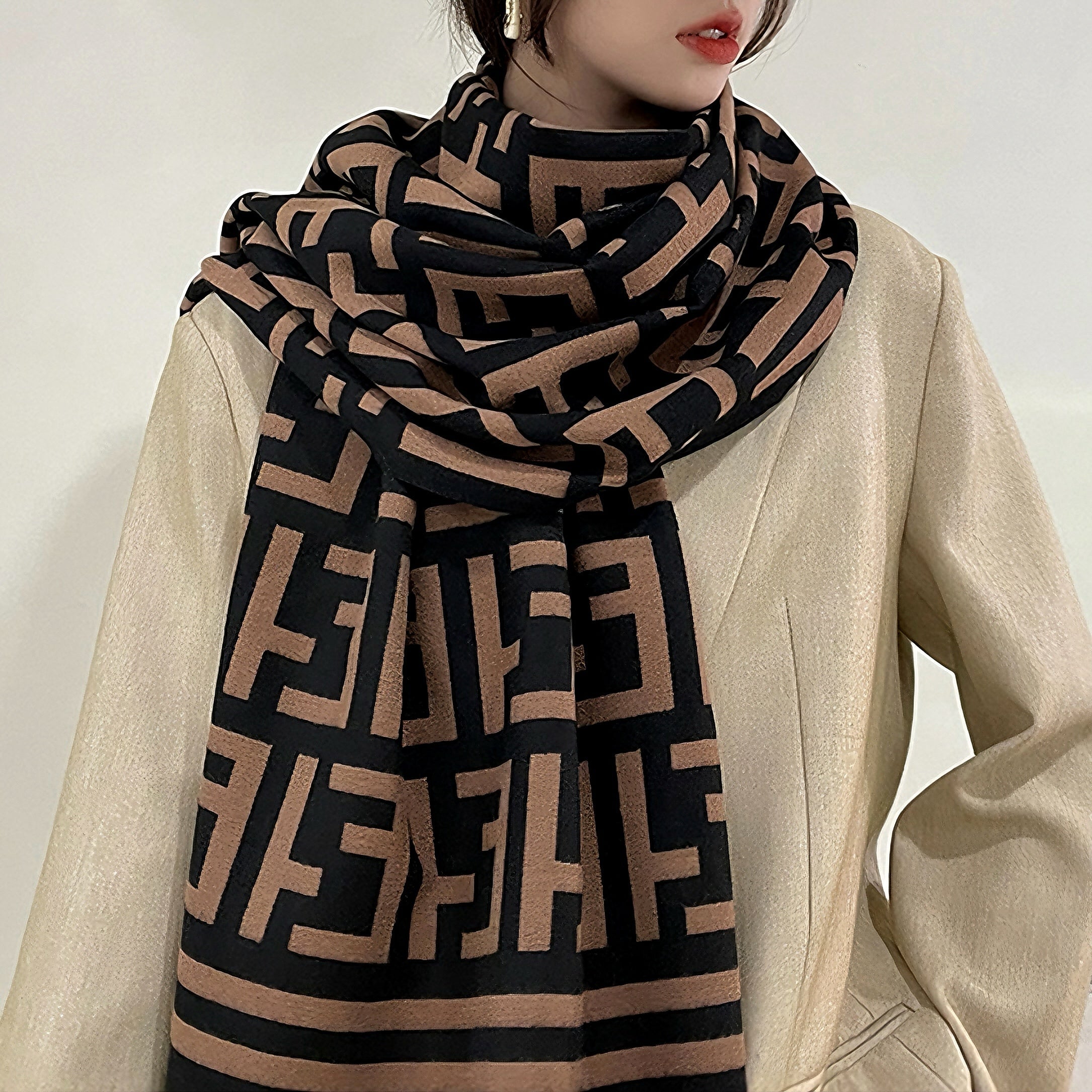 Women's Luxury Geometric Patterned Fringed Imitation Cashmere Scarf