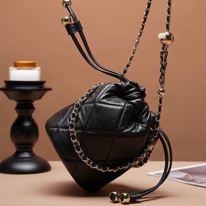 Women’s Genuine Leather Chic Bucket Bag with Chain Strap