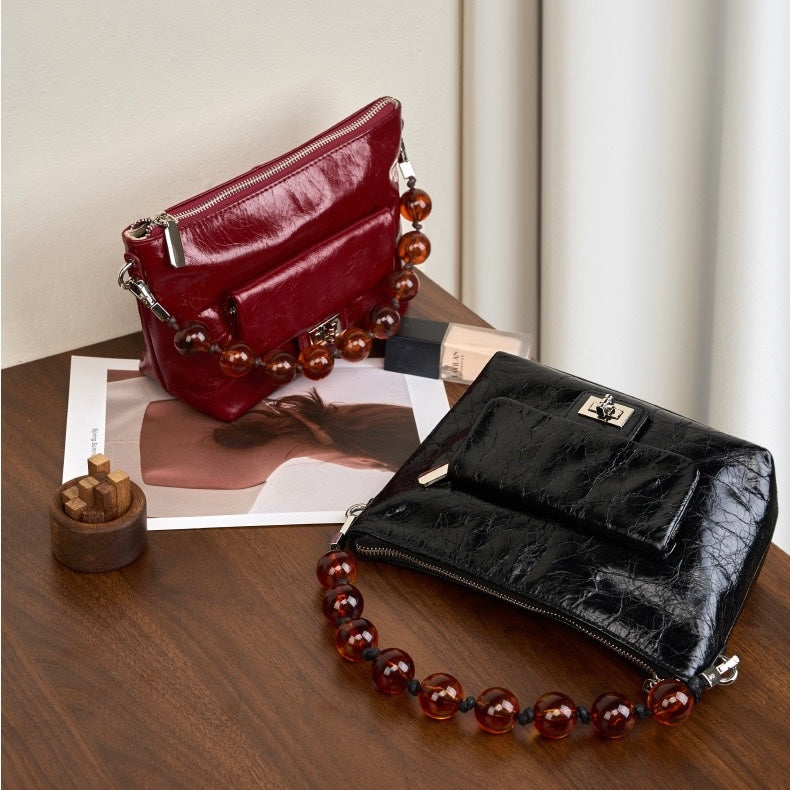 Women's Retro Waxed Genuine Leather Pleated Beaded Chain Crossbody Bag