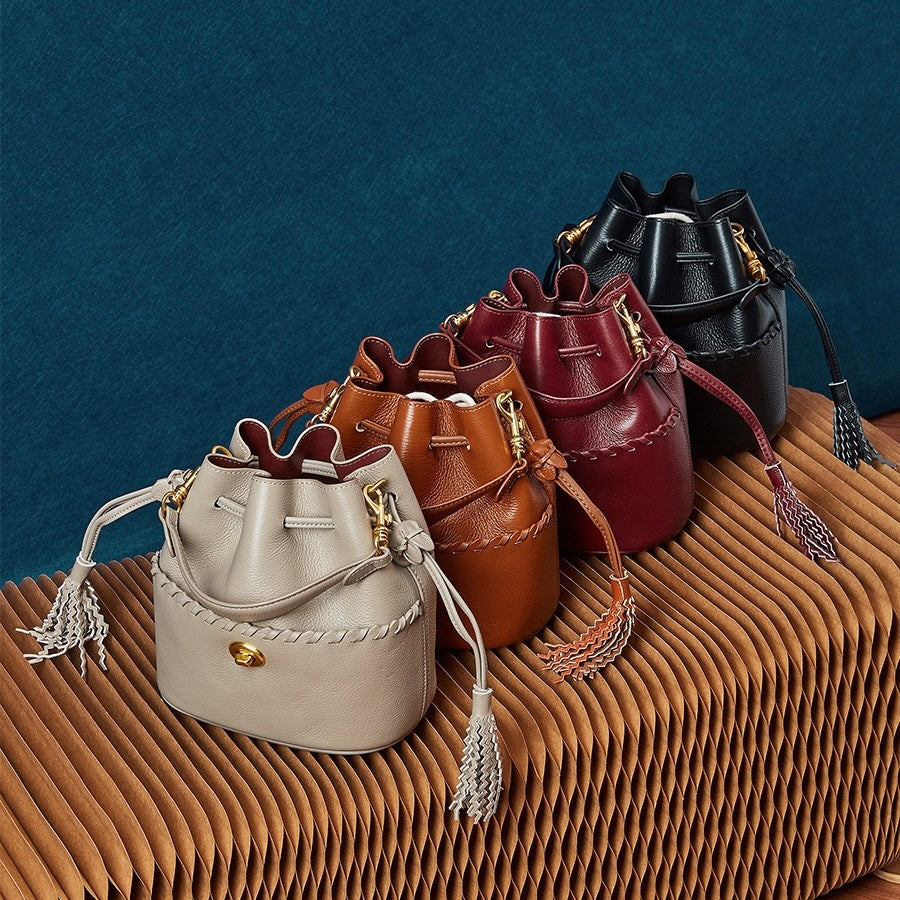 Women's Genuine Leather New Bucket Fringe Handbag Crossbody Bag