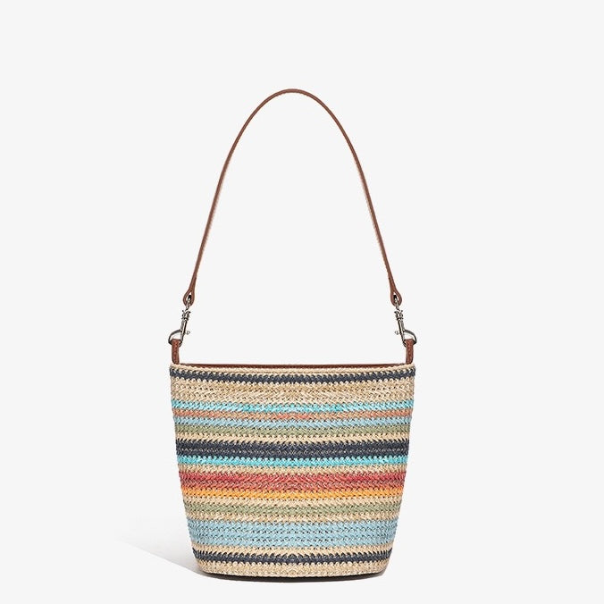 Women's Genuine Leather Summer Color Blocking Straw Woven Bucket Bag