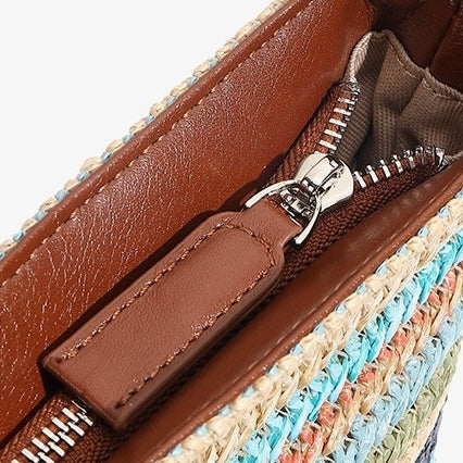 Women's Genuine Leather Summer Color Blocking Straw Woven Bucket Bag