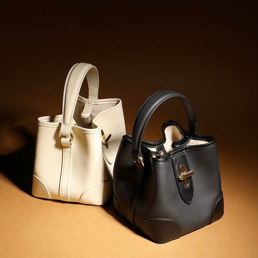 Genuine Leather Premium Lock Mini Bucket Handbag Crossbody Bag for Women