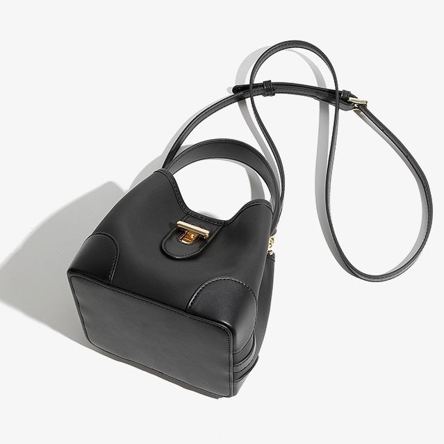 Genuine Leather Premium Lock Mini Bucket Handbag Crossbody Bag for Women