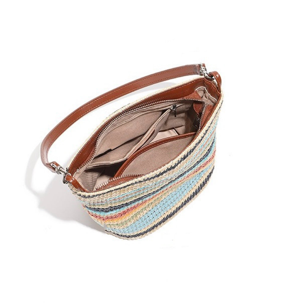 Women's Genuine Leather Summer Color Blocking Straw Woven Bucket Bag