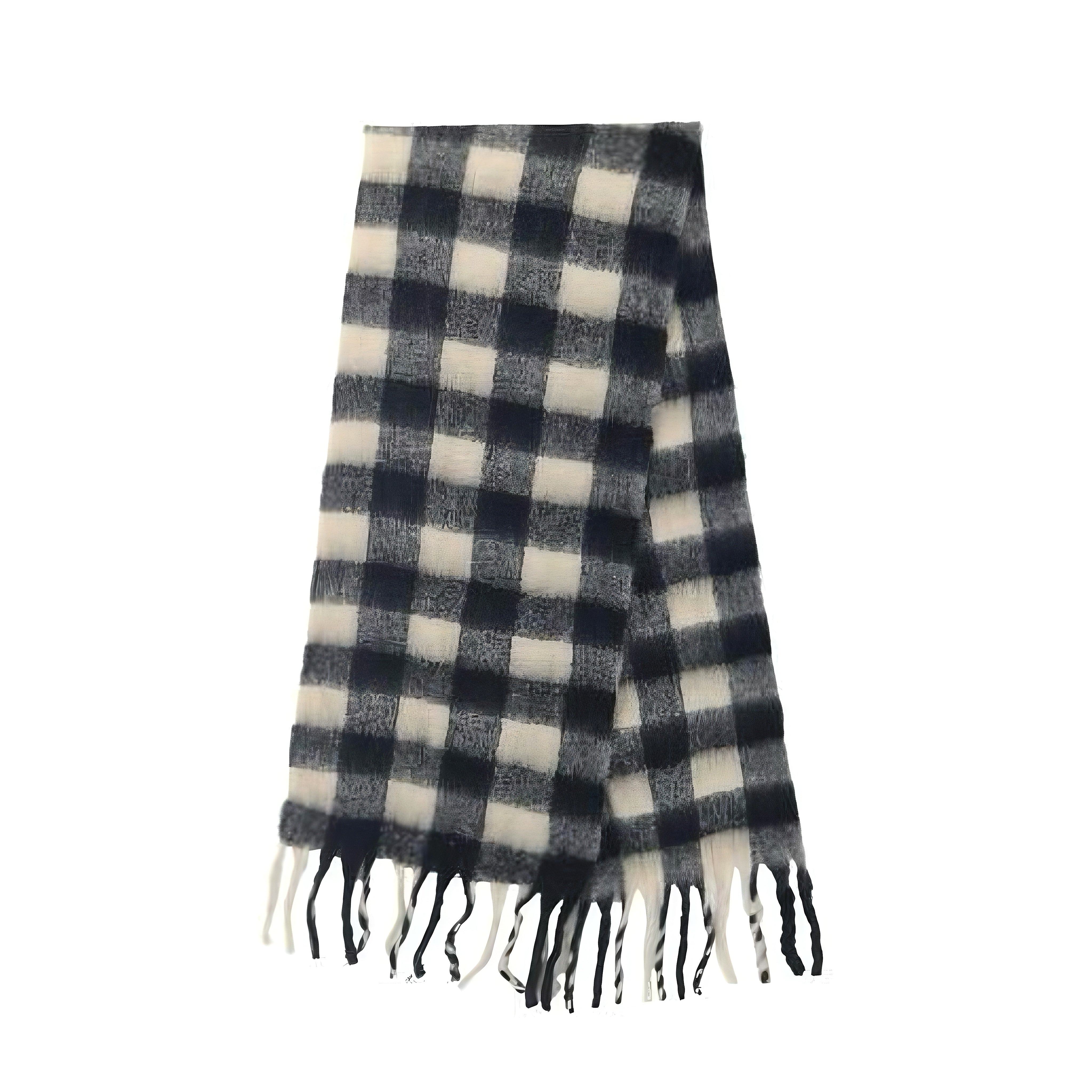 Women's Elegant Black & White Plaid Patterned Fringed Imitation Cashmere Scarf