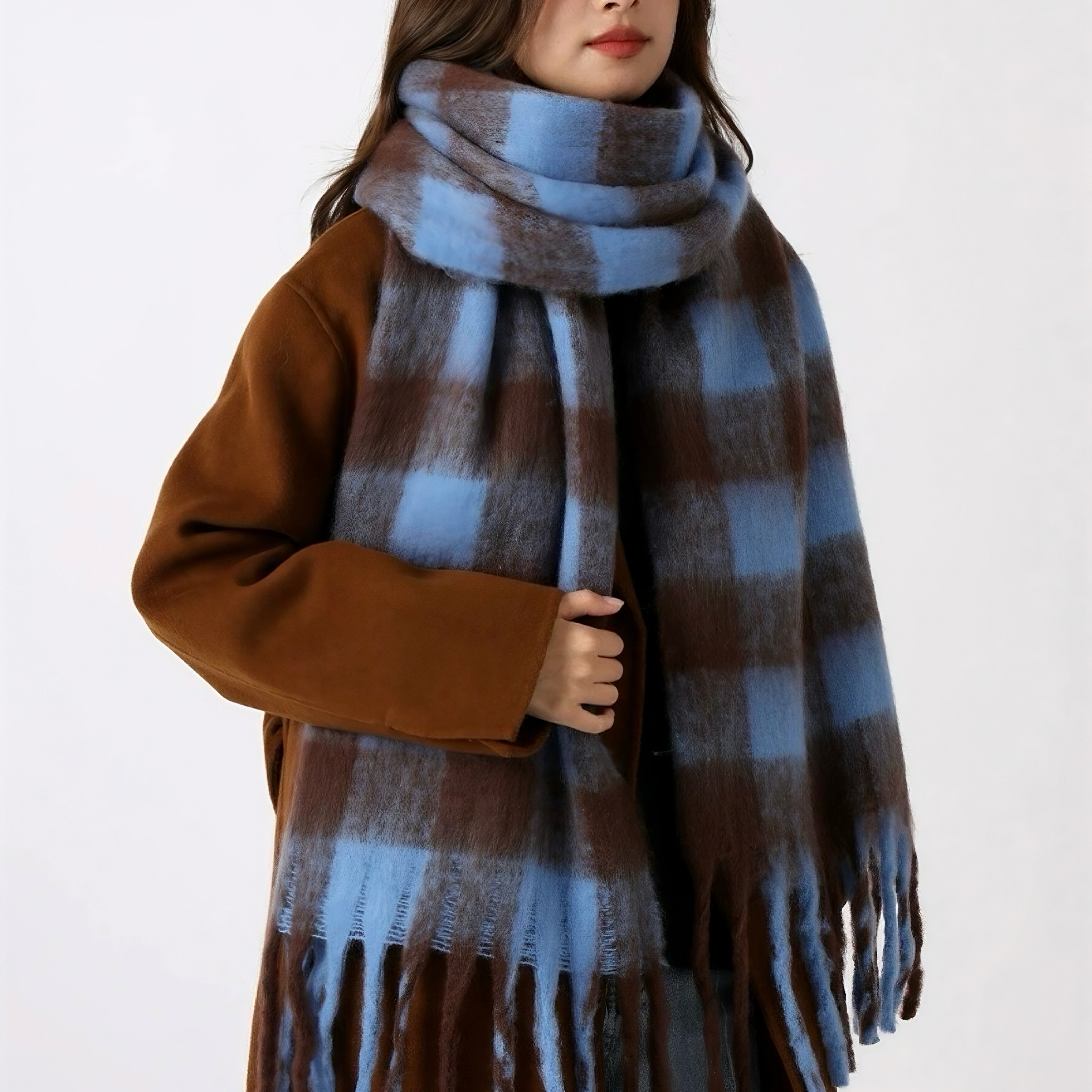 Women's Blue Plaid Patterned Fringed Imitation Cashmere Scarf