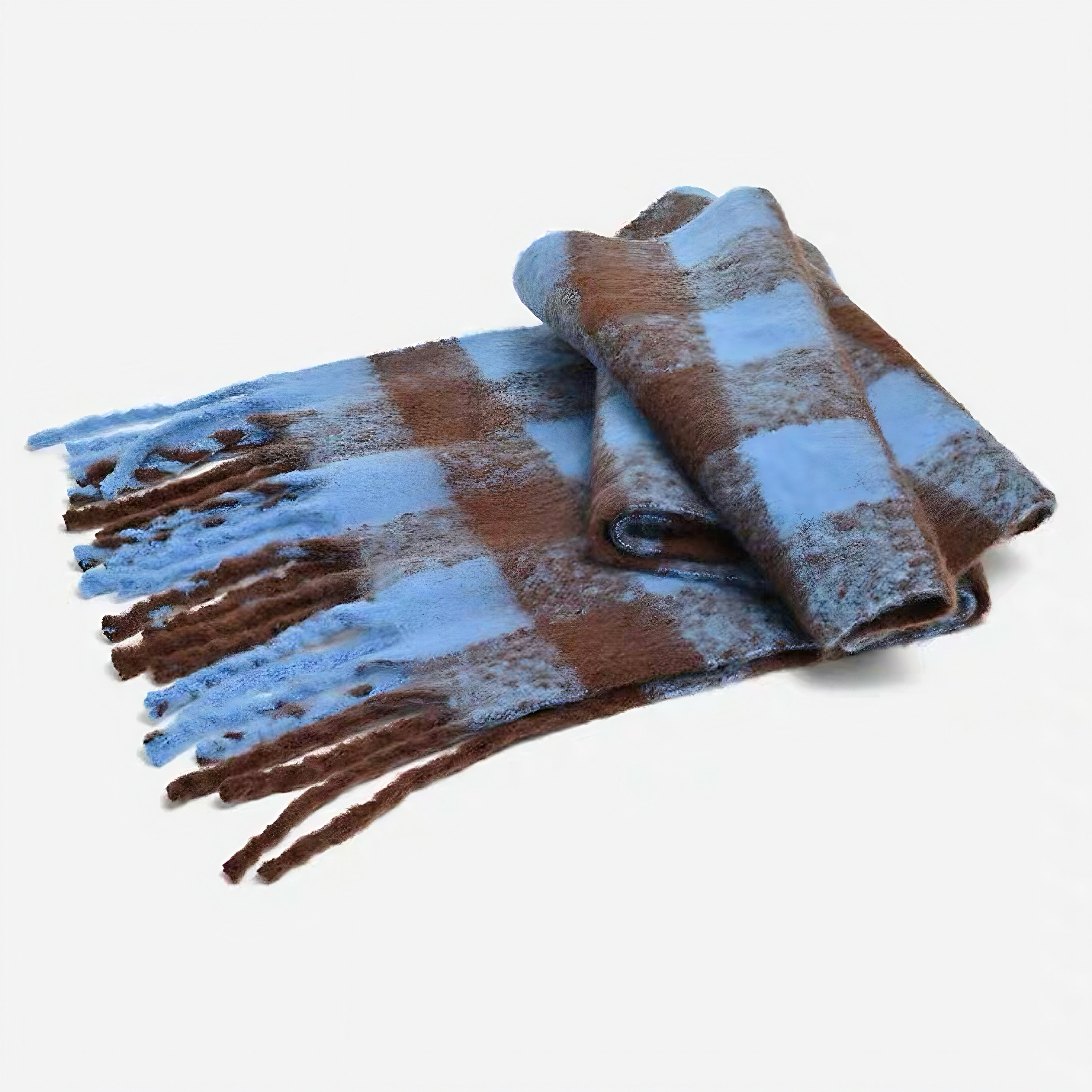 Women's Blue Plaid Patterned Fringed Imitation Cashmere Scarf