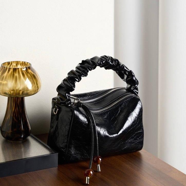 Women's Genuine Leather Beaded Bento Box Handheld Crossbody Bag