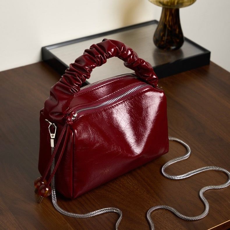 Women's Genuine Leather Beaded Bento Box Handheld Crossbody Bag