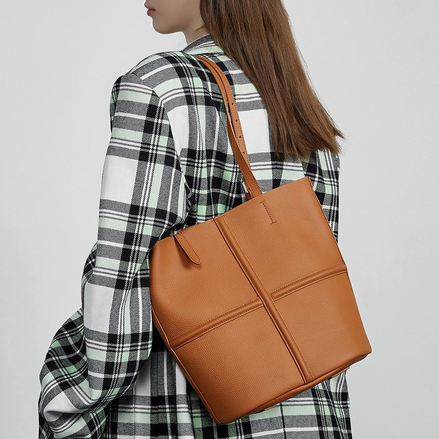 Women’s Luxury Genuine Leather Commuter Tote Bag with Inner Pouch