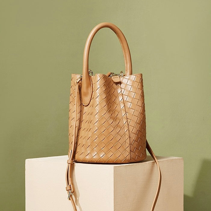 Women’s Luxury Genuine Leather Woven Bucket Crossbody Handbag