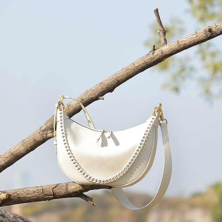 Women’s Genuine Leather Baguette Dumpling Bag with Luxe Chain