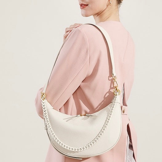 Women’s Genuine Leather Baguette Dumpling Bag with Luxe Chain