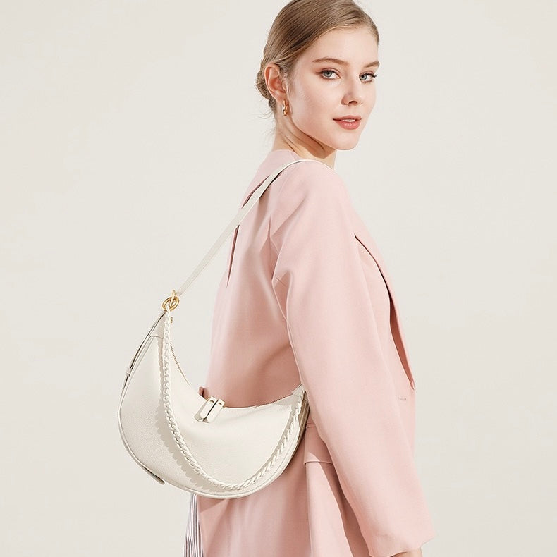 Women’s Genuine Leather Baguette Dumpling Bag with Luxe Chain