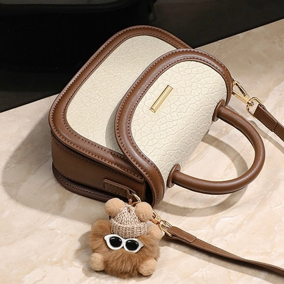 Women's Genuine Leather Color Block Furry Pendant Handbag Crossbody Bag