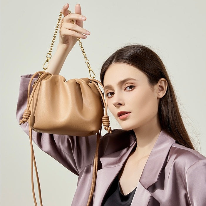Chic Women's Genuine Leather Cloud Bag with Detachable Chain
