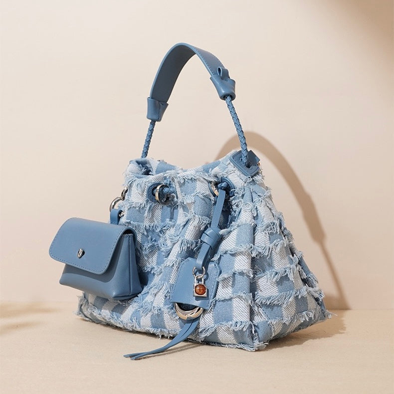 Women’s Genuine Leather & Denim Colorblock Crossbody Shoulder Bag