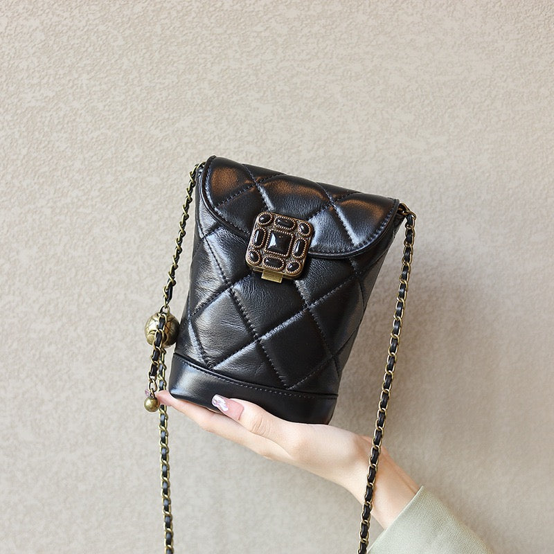 Stylish Women's Genuine Leather Quilted Mini Bag with Gold Ball Chain