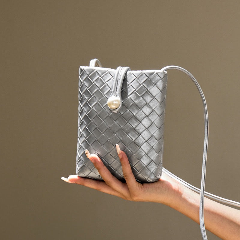 Pearl Button Women's Genuine Leather Woven Crossbody Phone Bag