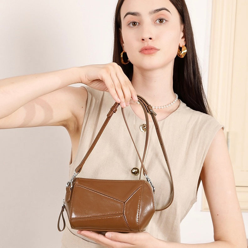 Women's Vintage Genuine Leather Geometric Patchwork Crossbody Bag