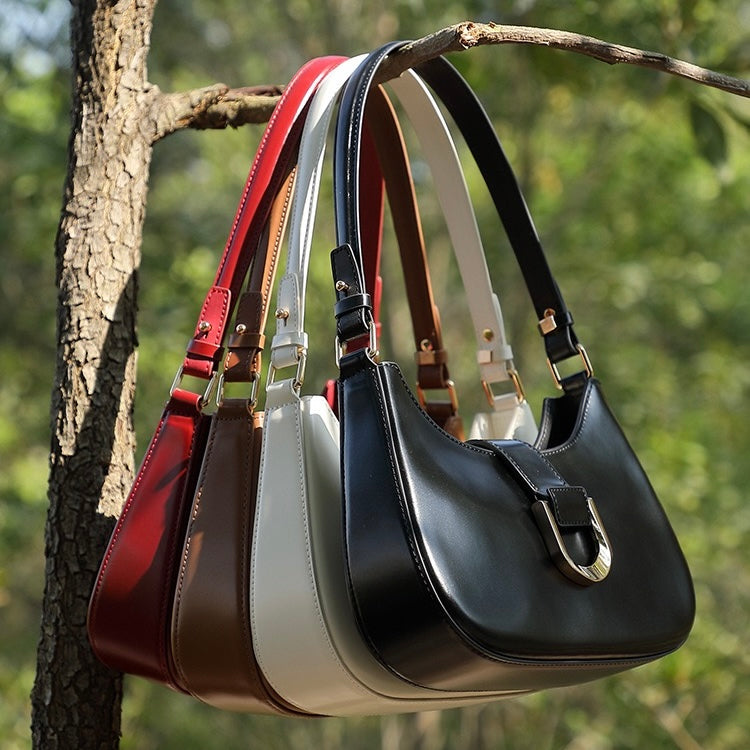 Women’s Soft Top-Grain Leather Baguette Shoulder Bag in Minimalist Commuter Style