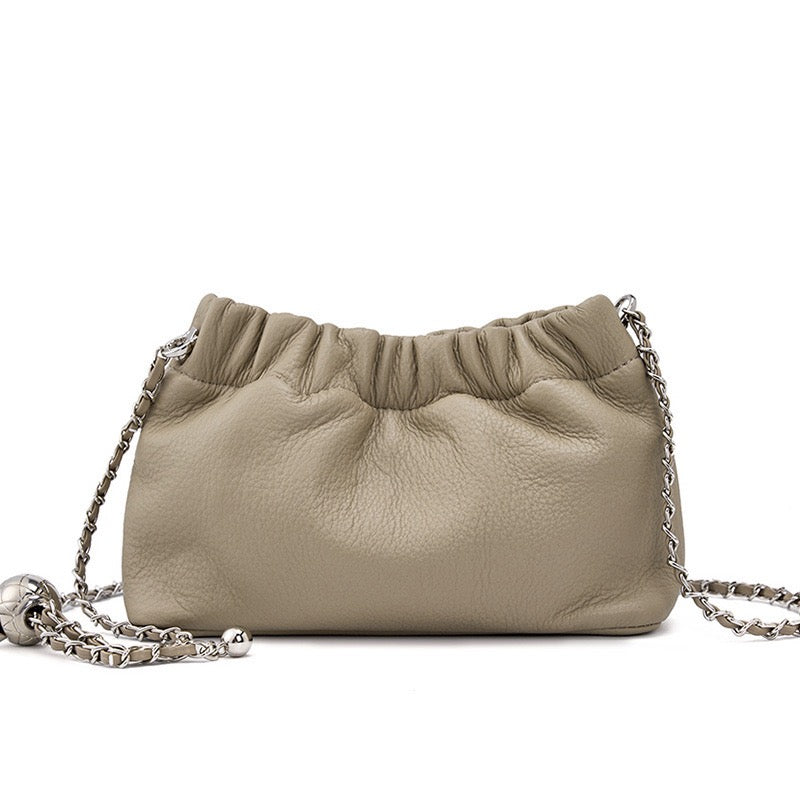 Luxury Women's Cloud Pleated Genuine Leather Shoulder Crossbody Bag with Golden Ball Chain