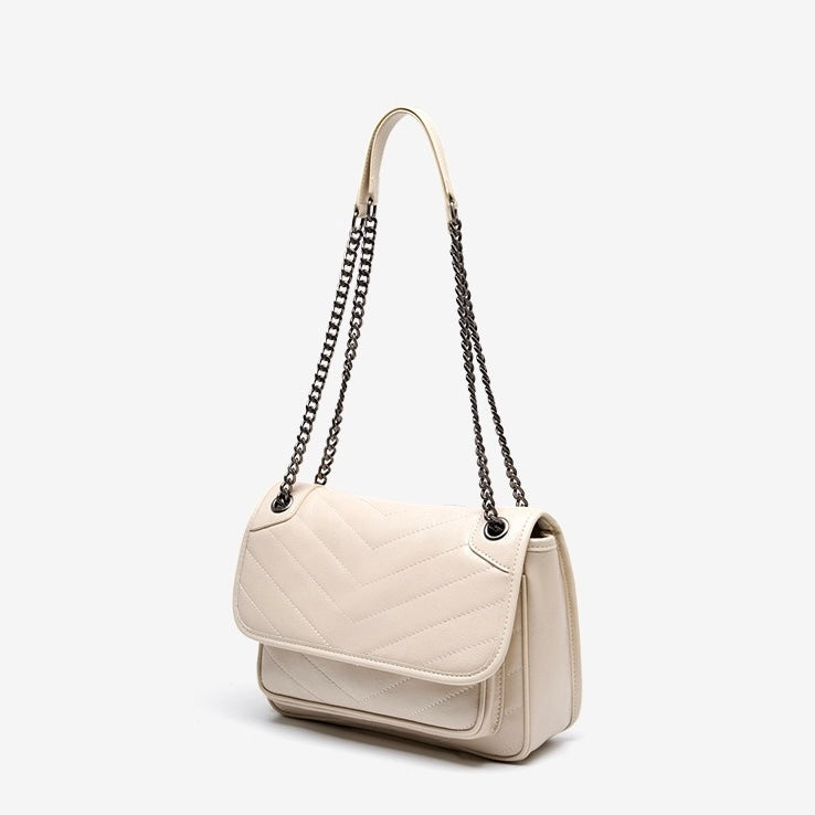 Women’s Genuine Leather Chain Detail Large Capacity Messenger Shoulder Bag