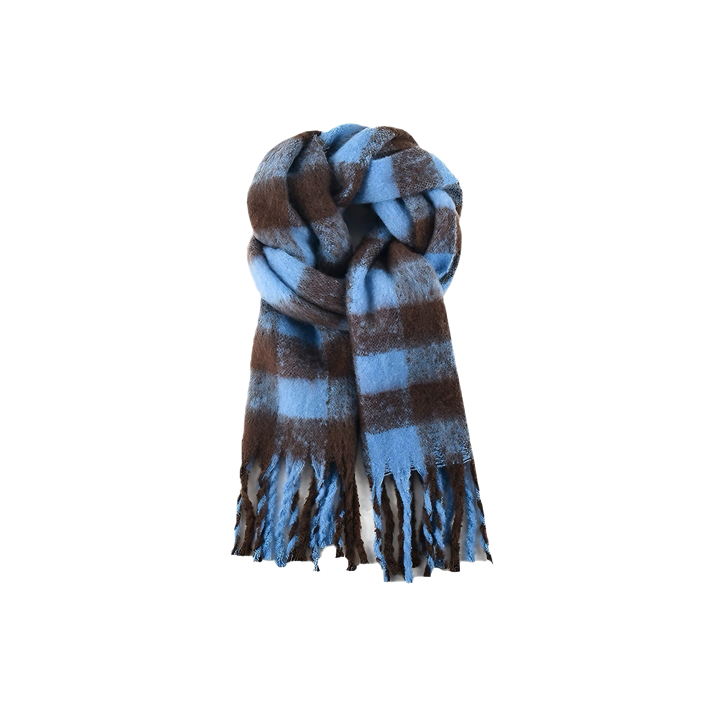 Women's Blue Plaid Patterned Fringed Imitation Cashmere Scarf